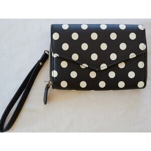Black w/ White Polk A Dots Wristlet Clutch Purse Snap Closure Credit Card Holder